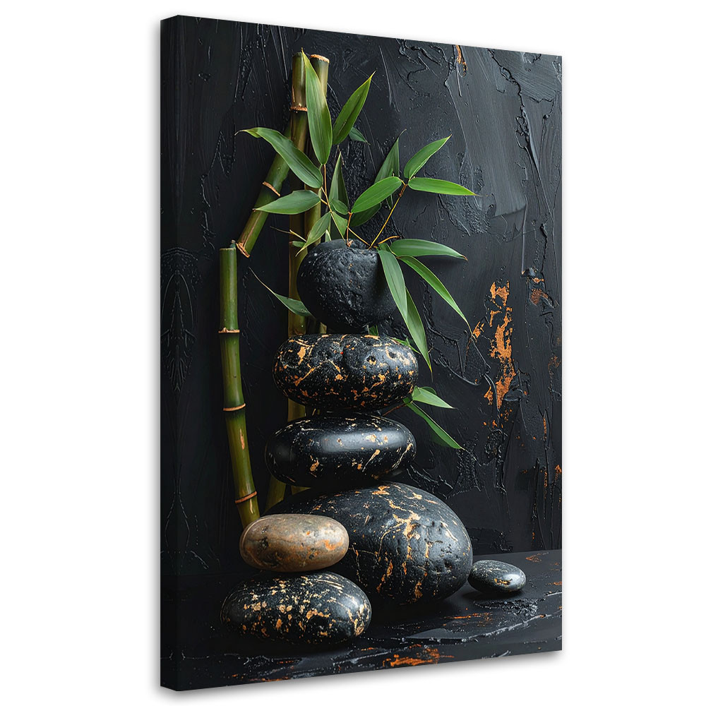 Obraz do salonu sypialni, Kamienie zen spa liście bambusa czarny 20x30