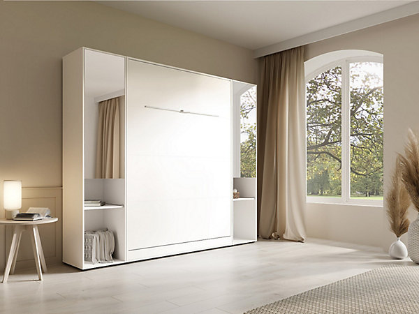 Lit escamotable vertical 140 x 200 cm - 2 colonnes de rangement - Avec miroirs et LEDs - Blanc   Matelas - RAPILI