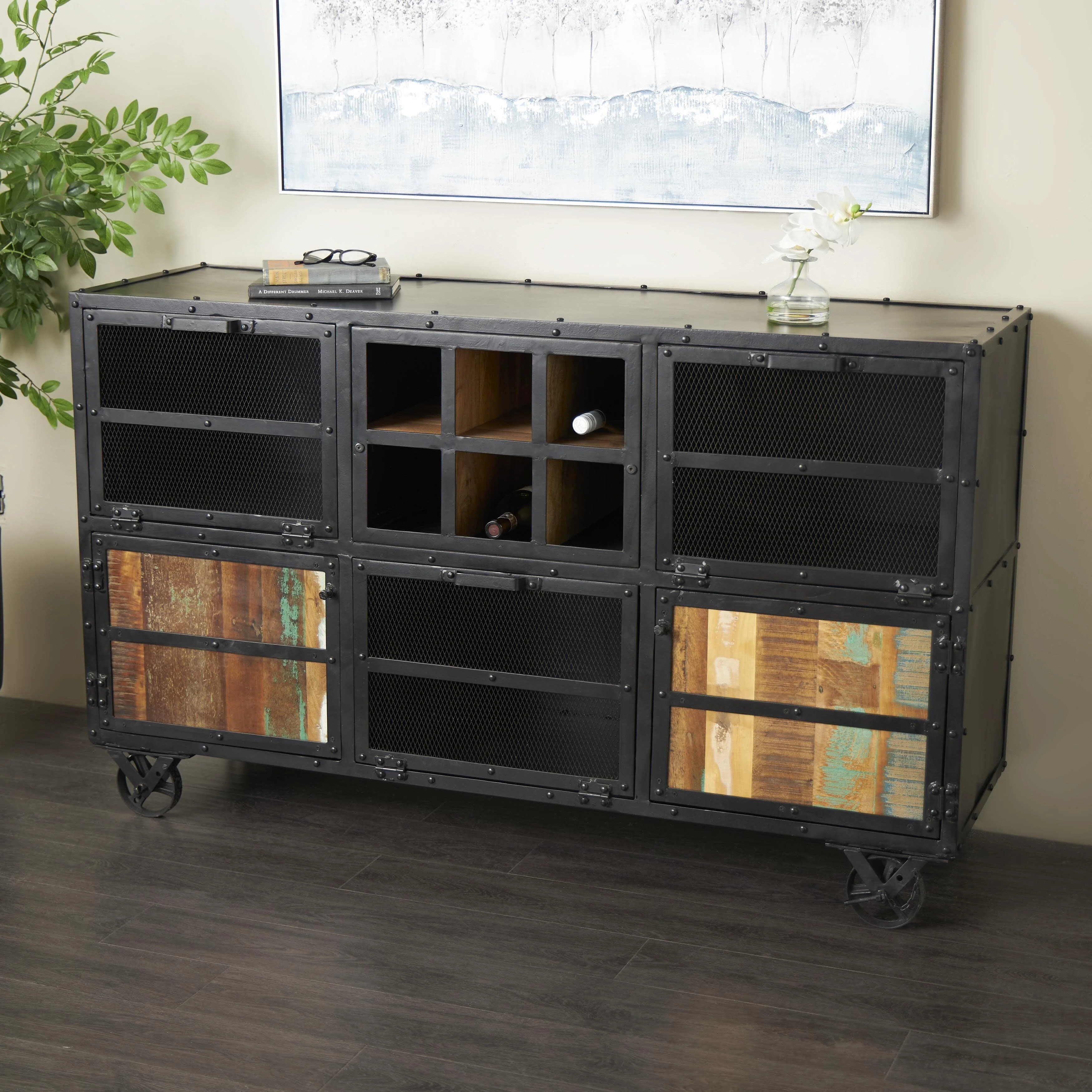 Metal 3 Shelves and 2 Doors Room Cabinet with 4 Wheels - Black - Roche River Decor - 19W x 60L x 37H