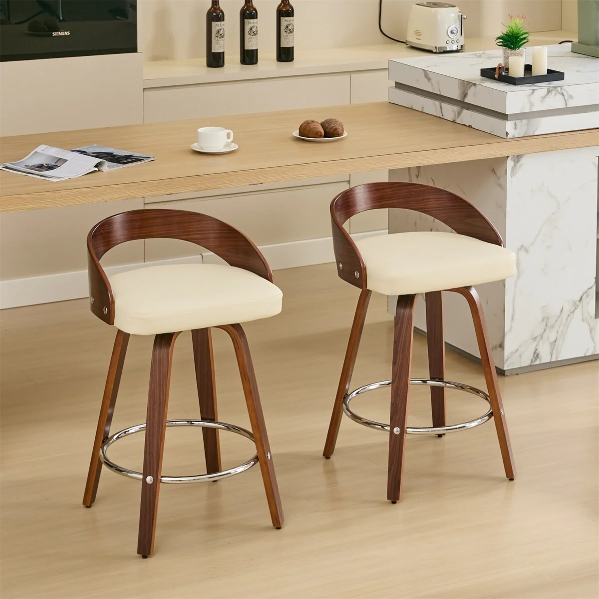 Wood Swivel Bar Stools with Low Back and Soft Cushion Seat (Set of 2)