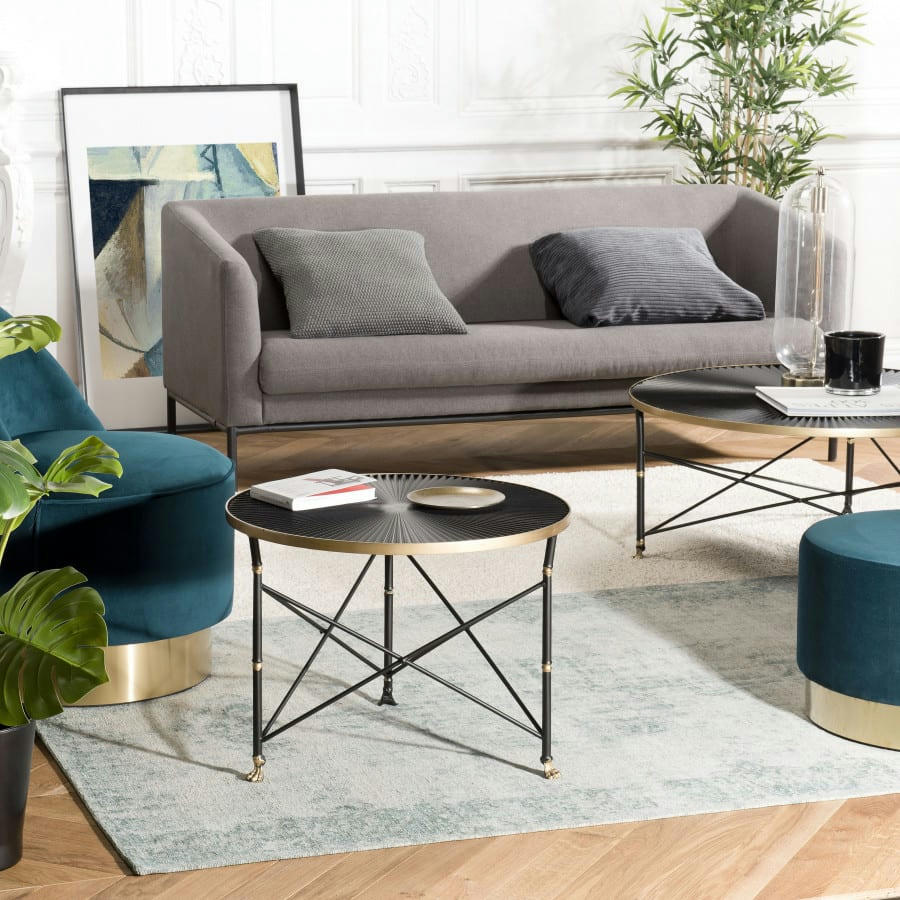 THEODORE - Table d'appoint ronde ceinture dorée pieds métal noir D61