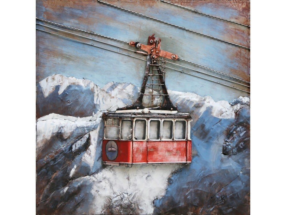 MÉTAL BRASS - Tableau relief en métal téléphérique rouge 60x60