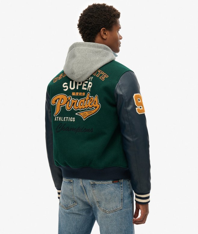 Hooded College Patched Bomber Jacket
