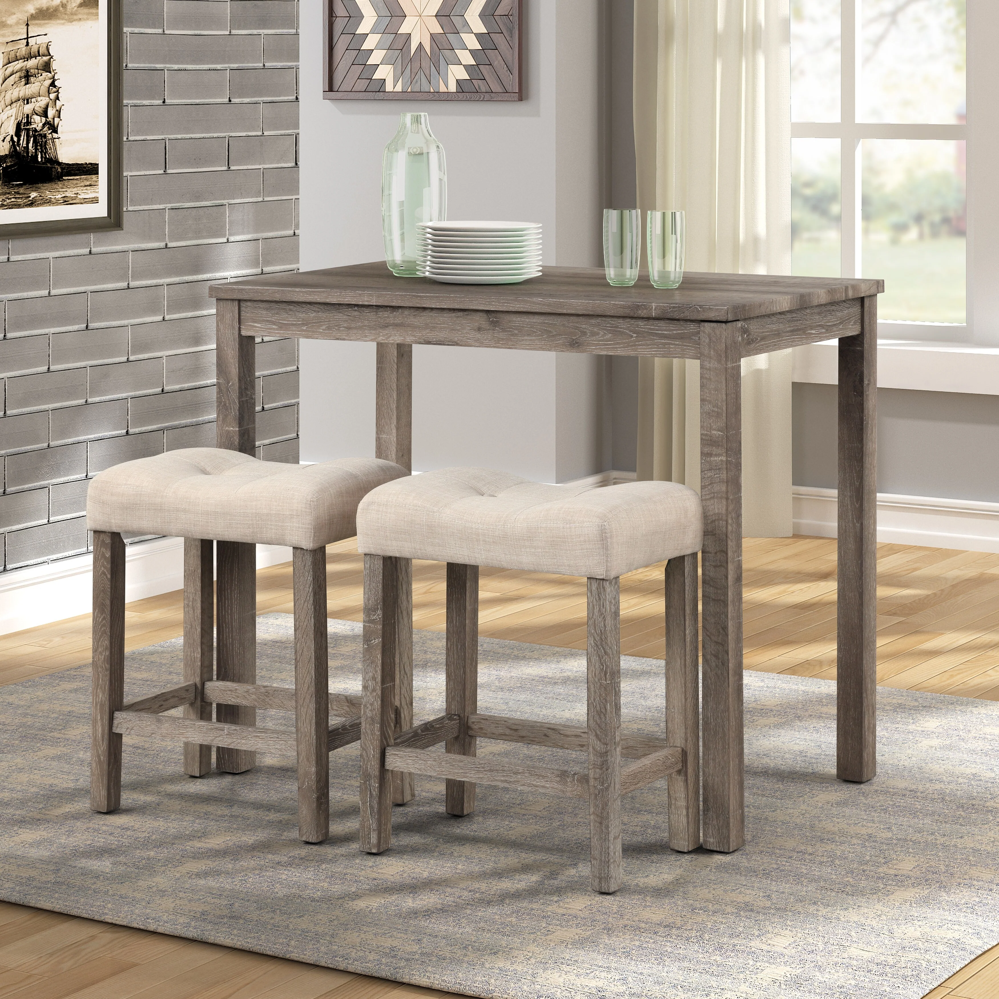 3 Pieces Dining Set, Counter Height Pub Table Set with 2 Button tufted Saddle Stools, Industrial Wood Breakfast Table Set, Taupe