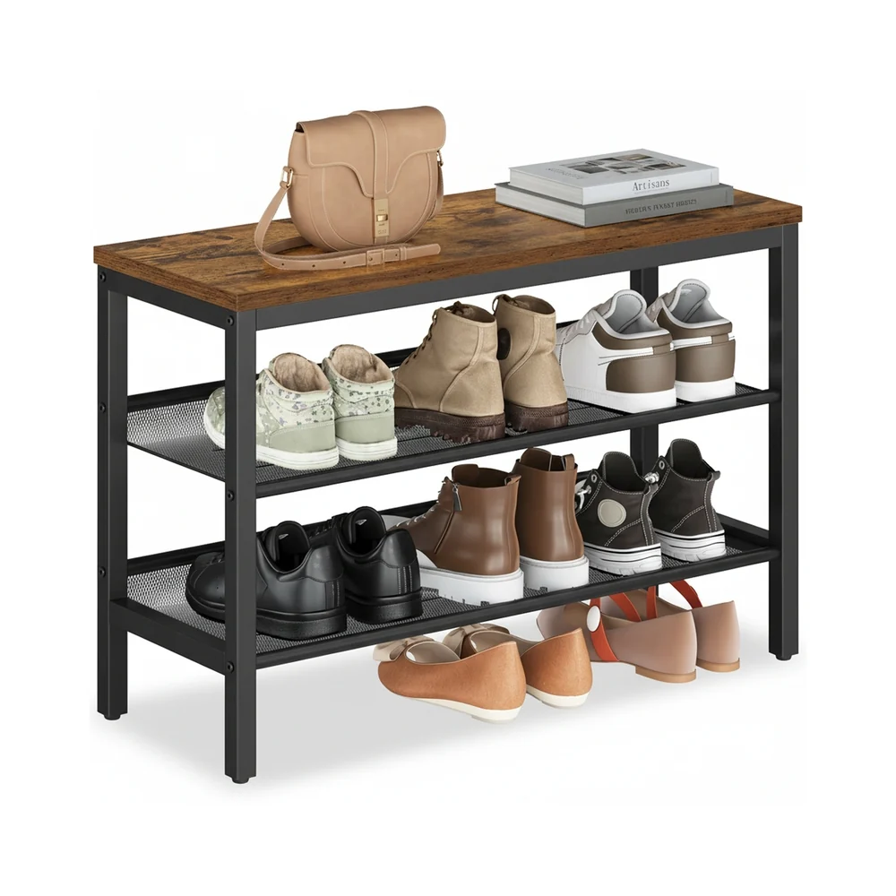 Banc à chaussures industriel avec étagères pratiques