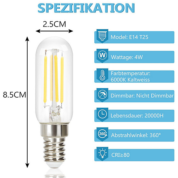 NETTLIFE Lot de 4 ampoules LED E14 blanc froid vintage : ampoules T25 4 W 6000 K à économie d'énergie
