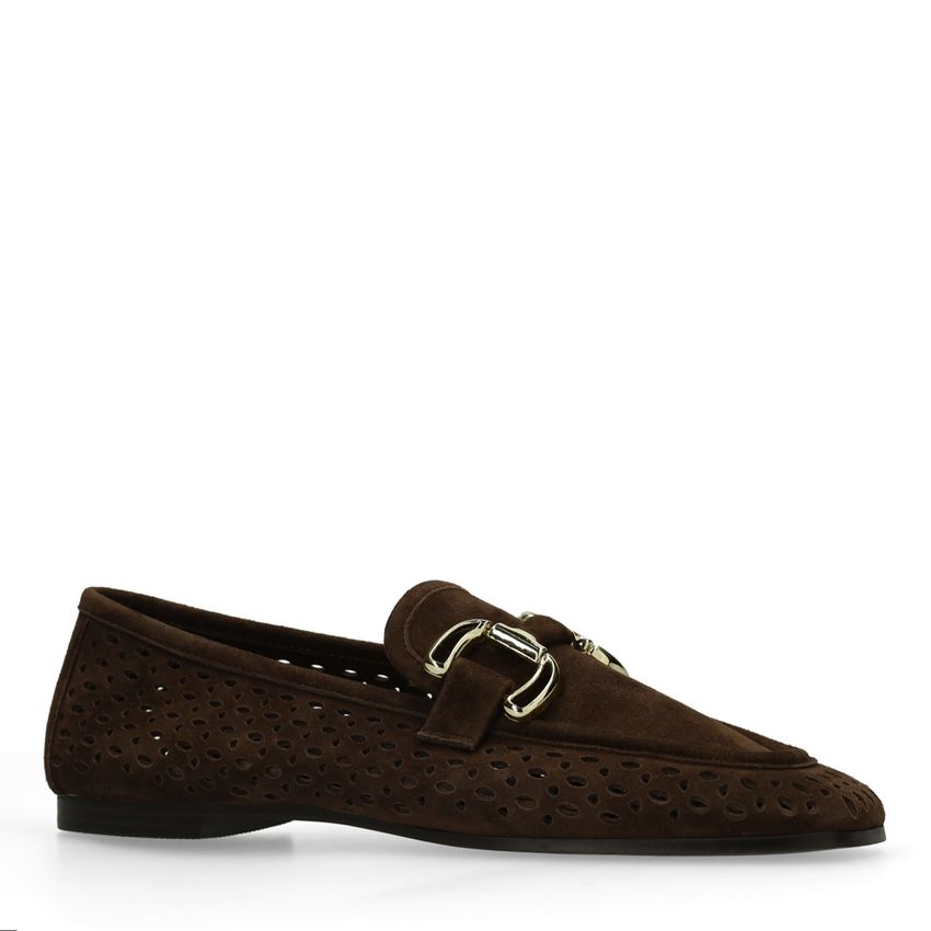 Manfield Bruine leren loafers met gouden chain