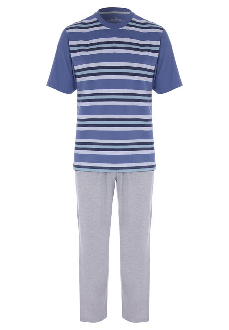 Mens Blue Stripe Jersey Pyjama Set
