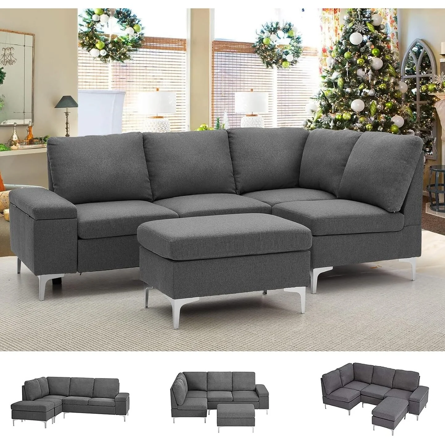 AECOJOY Right/Left Facing Convertible Sectional Sofa with Ottoman Gray