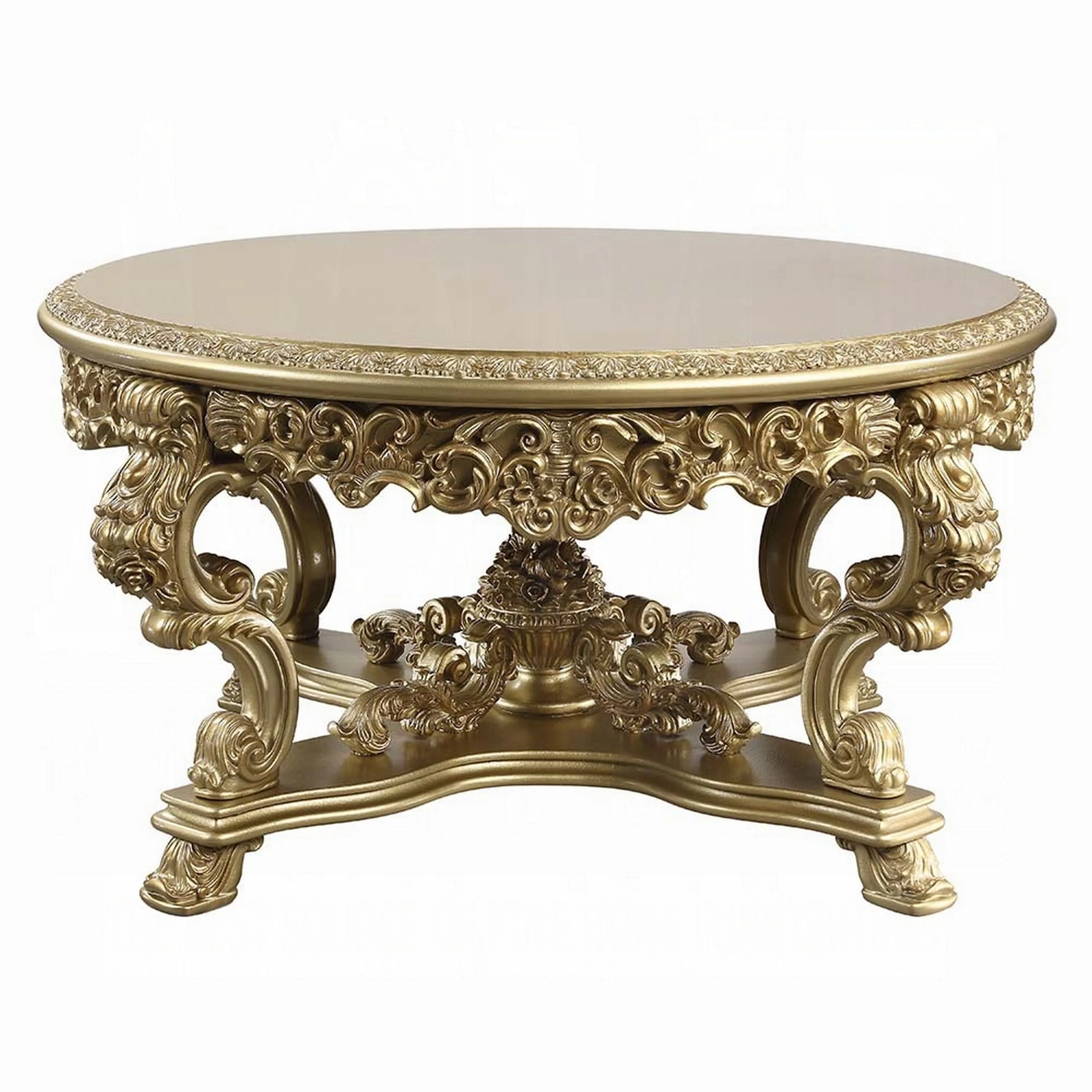 Rexx Dining Table, Ornate Rococo Inspired Carvings, Round 64 Inch Gold