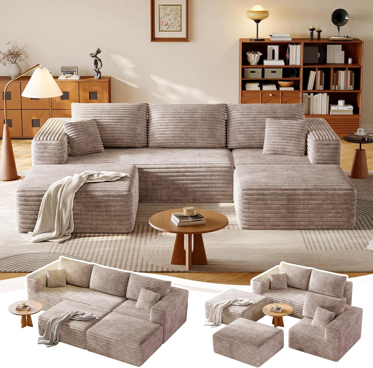 108.2 Modular Sectional Sofa with Deep Seat, Boneless U Shaped Corduroy Couch Modern Comfort, Cloud Couch Oversized for Living Room No Assembly (Camel)
