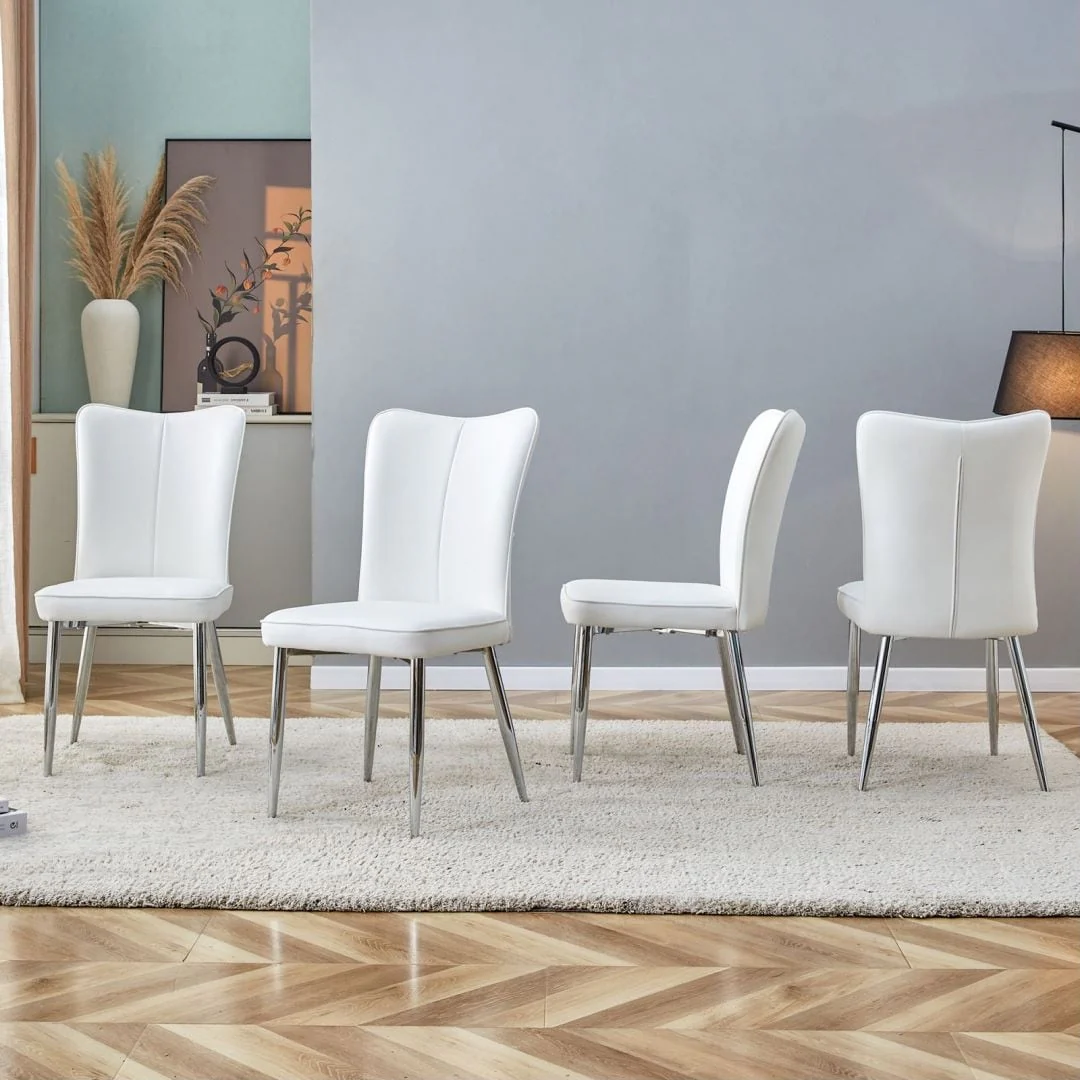 Modern dining chairs 4-piece set of white PU seats with silver metal legs