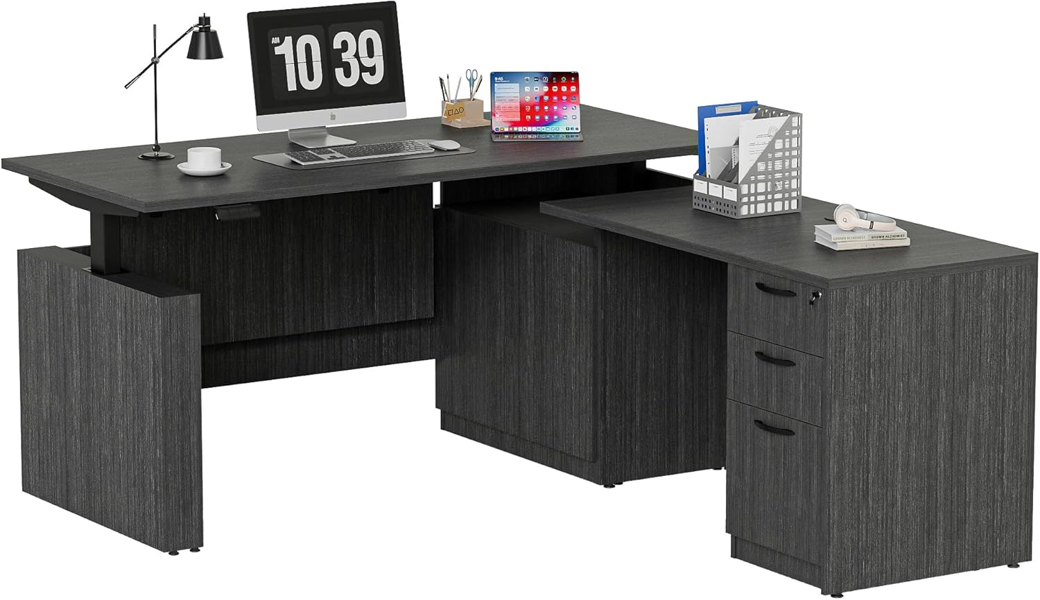 66.93 L Shaped Executive Standing Desk with Pre-Assembled Frame & Lockable Cabinets, Fixed Right-Facing Design, Dual-Motor Height Adjustable Sit-to-Stand Desk for Corporate & Home Office