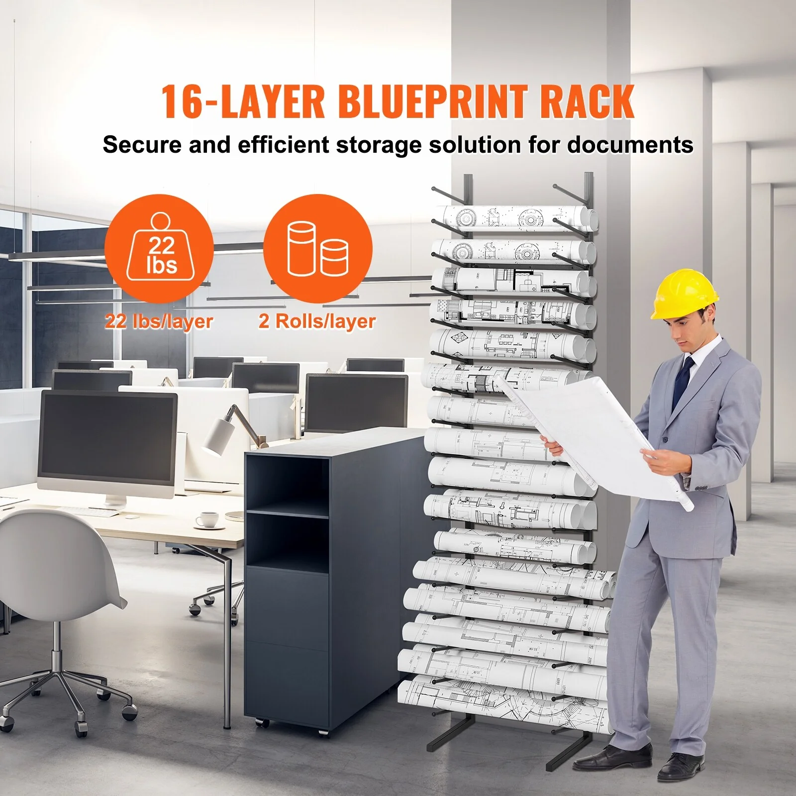 Blueprint Storage Rack, Hanging Poster Display Rack 16-Tier, Vertical Blueprint Roll File Holder 2 Rolls/tire