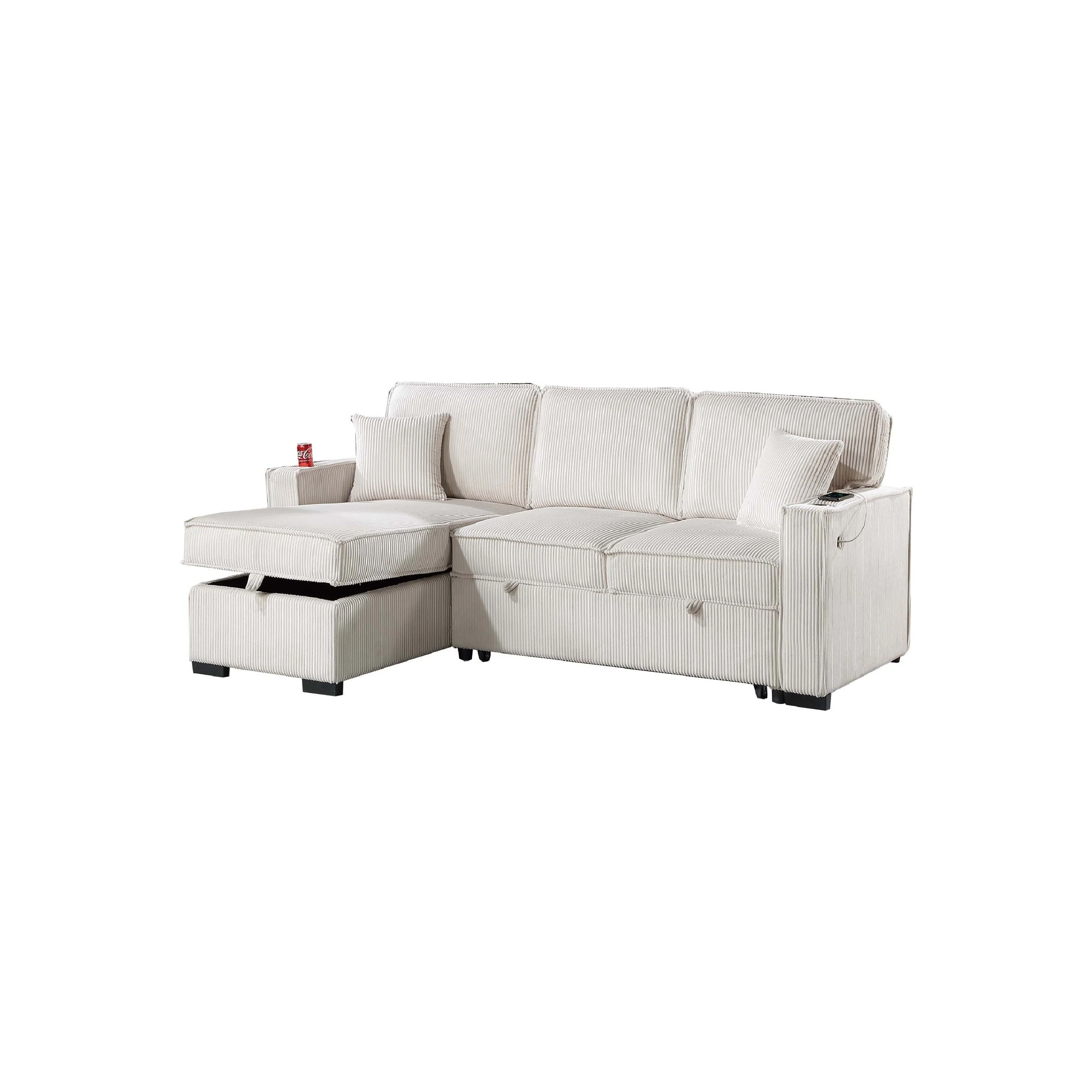 Foi Convertible Sectional Sofa with Reversible Chaise, Beige Corduroy