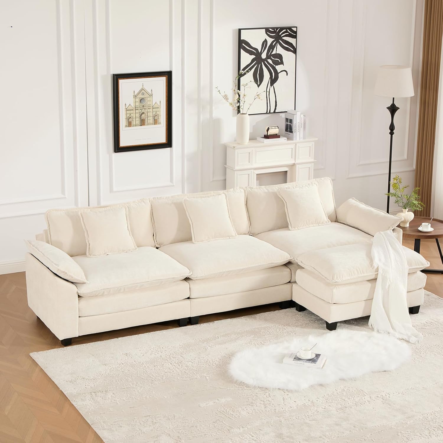 117.3” Beige Modular Sectional Sofa, 3 Seater Large Sectional Couches for Living Room, Chenille Fabric Oversized Cloud Couch with Ottoman, Deep Seat Wide Armrest Home Sofas Set, Sofá Moderno, L Shaped