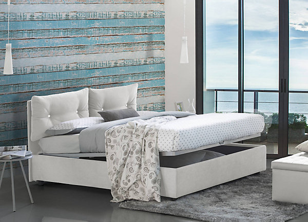 Lit simple Daasba, Lit coffre avec revêtement en tissu, Ouverture frontale, avec matelas 80x190 cm inclus, Blanc