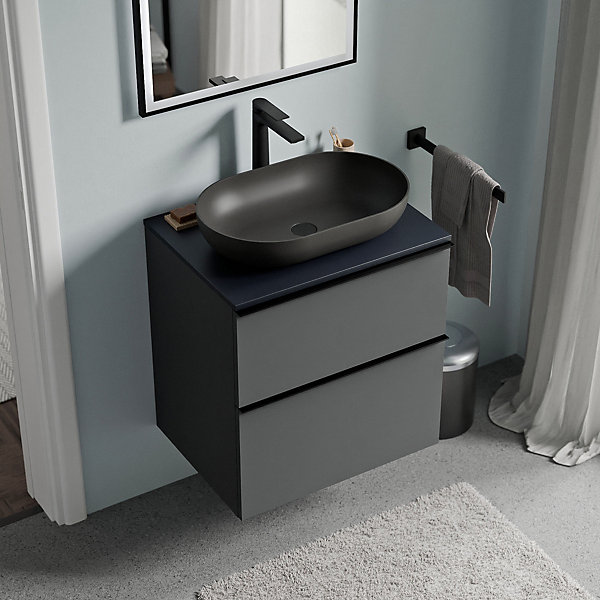 Meuble sous vasque suspendu MDF Anthracite mat, plan vasque Bleu nuit mat, poignée Noir mat - 60x46x62cm - LAVOA