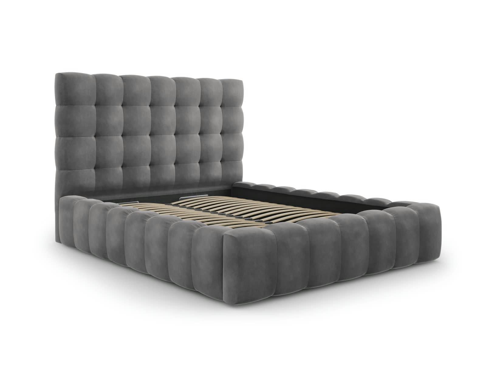 MAMAIA - Lit coffre en avec tête de lit 140x200cm en tissu velours gris