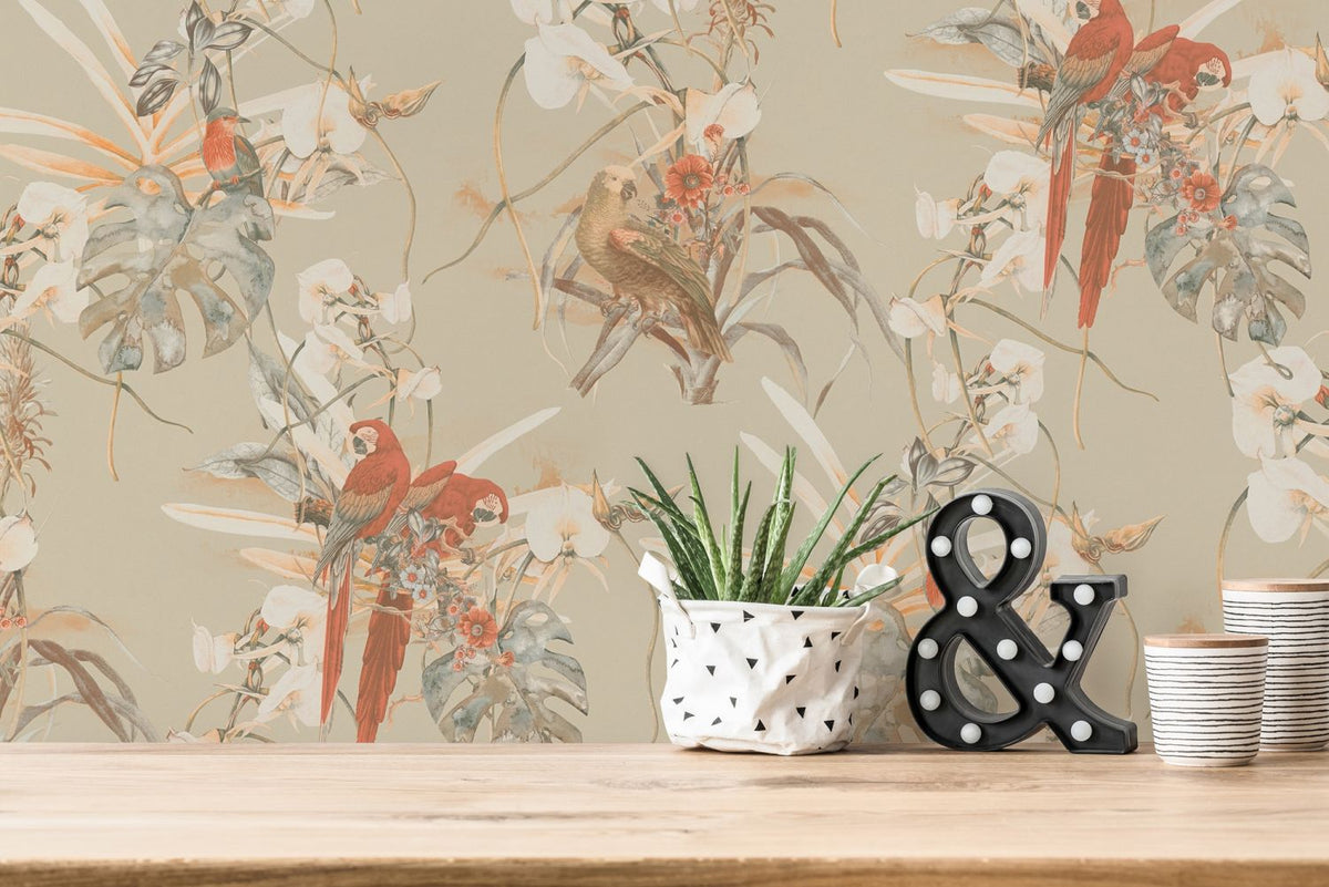 Livingwalls behang vogel oranje, beige en wit - 53 cm x 10.05 m - AS-387252