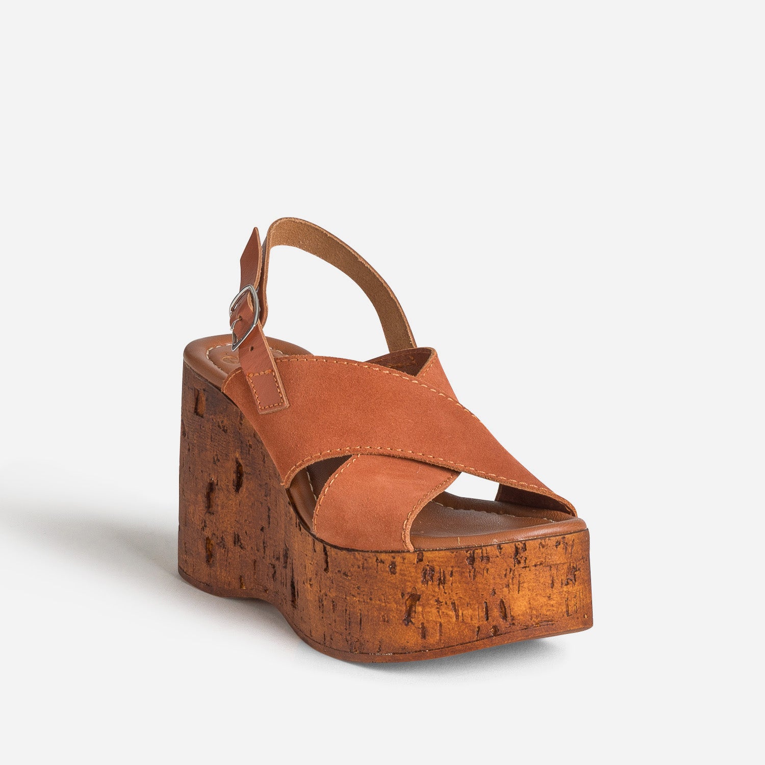 Sandale compensée orange cuir velours