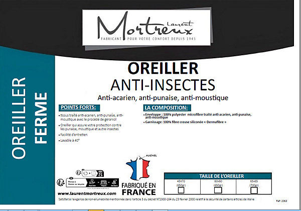 Lot de 2 oreillers ferme Anti-insectes - 65 x 65 - 37192
