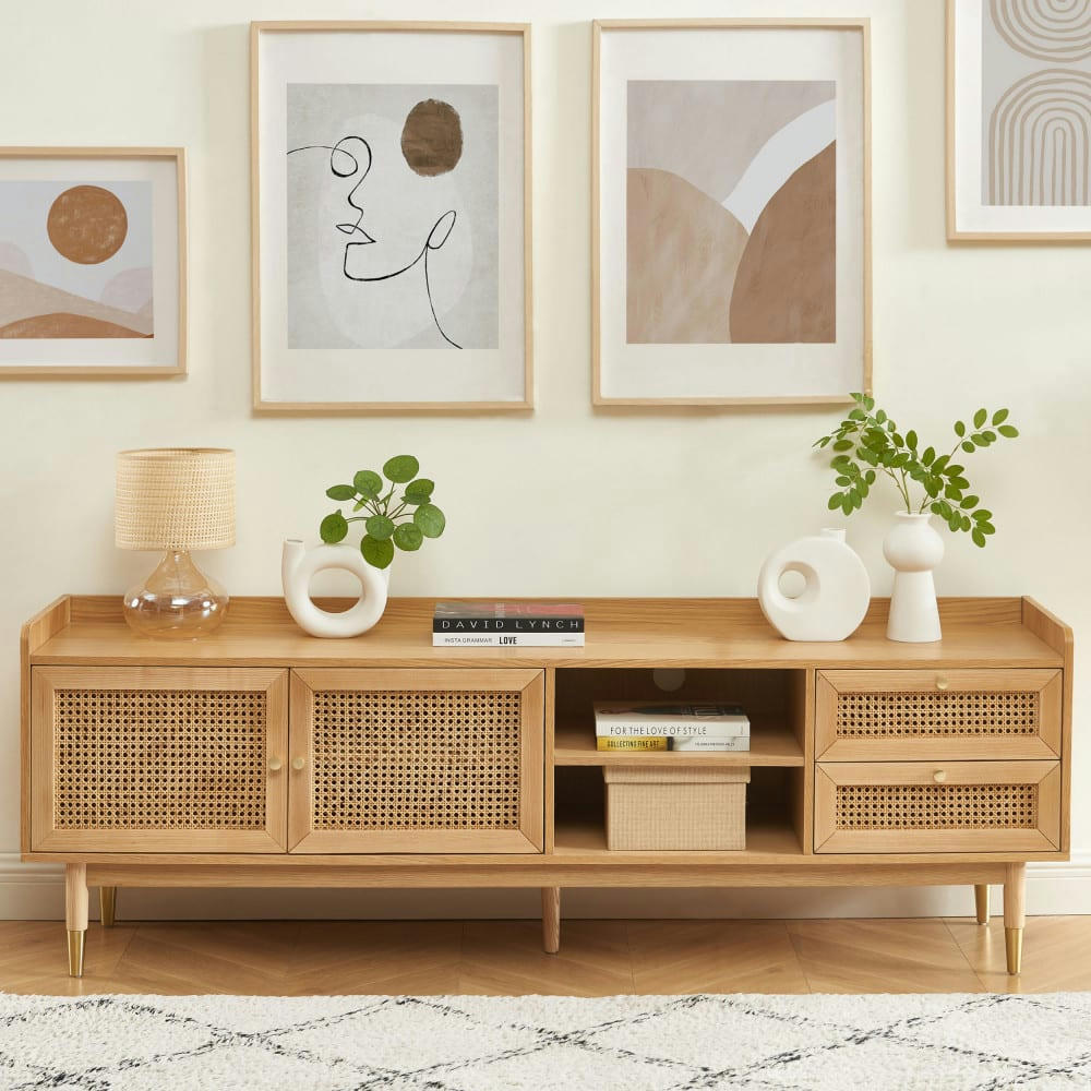 BOMBONG - Meuble TV 2 portes 2 tiroirs en bois et cannage 180 cm bois clair