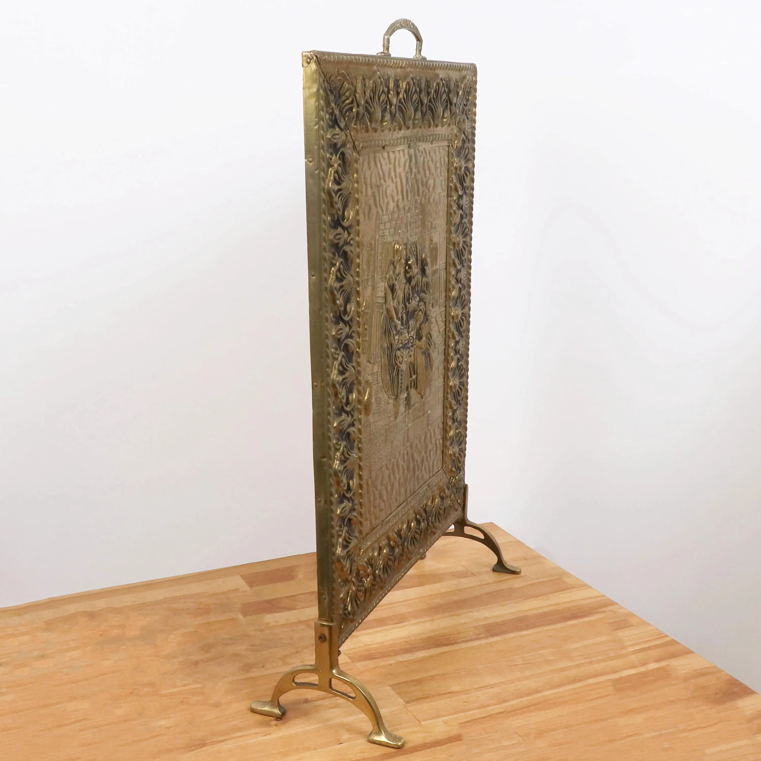 Vintage Brass Fireplace Screen | Embossed Firescreen with Wooden Back | Victorian Style Fire Guard | Hearth Decor | Brass Fender Screen