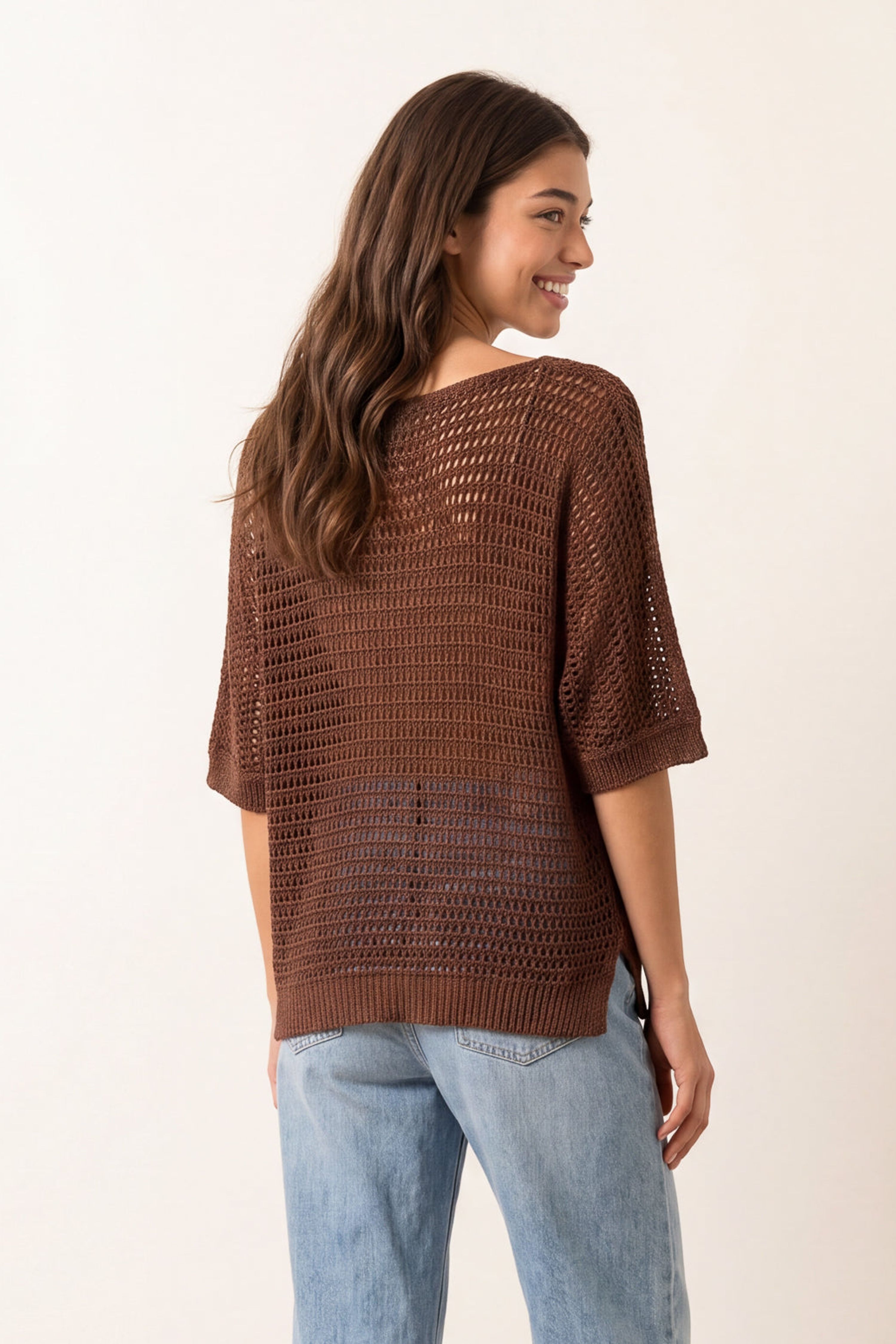 Blue Vanilla Brown Metallic Crochet V Neck Top
