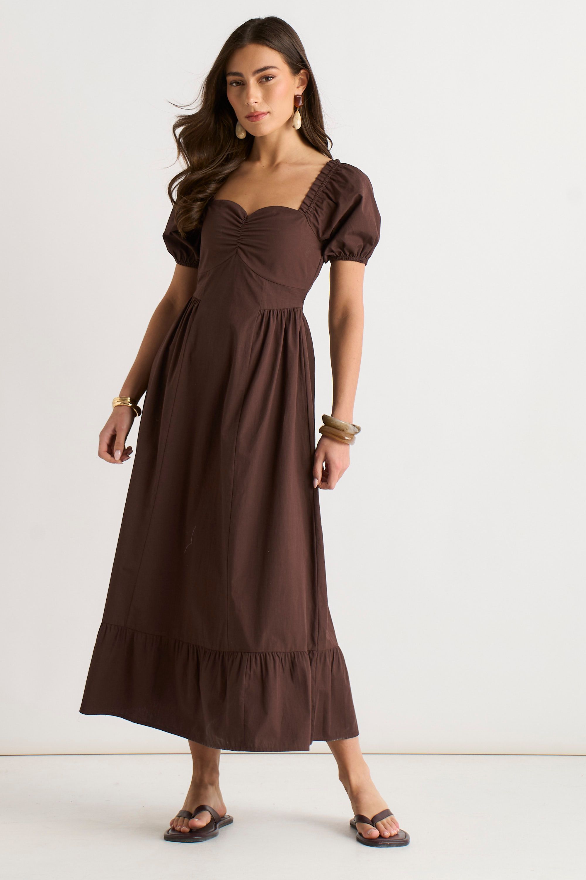 Gini London Brown Gypsy Puff Sleeves Midaxi Dress