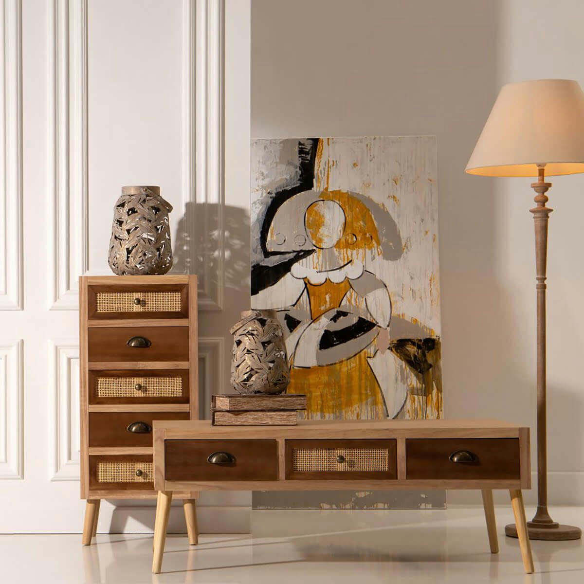 SATO - Chiffonnier  5 tiroirs bois massif et façade rotin