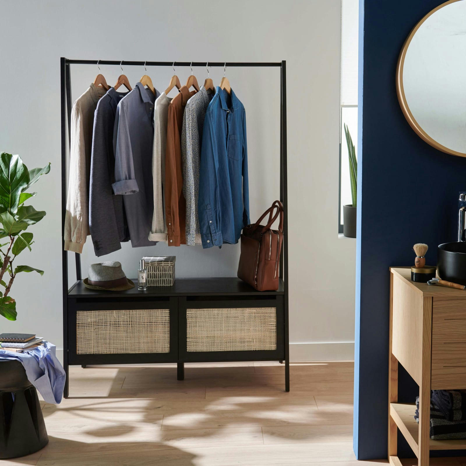 ARKA - Portant vêtements bois et cannage de rotin L110 x H165 cm  Chêne noir