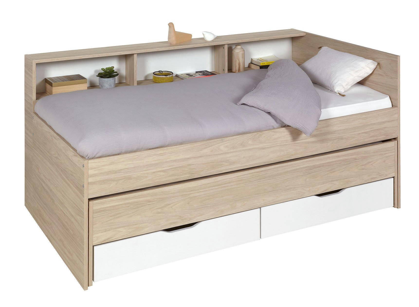OSLO - Lit gigogne 90x200 cm + 2 tiroirs de rangement bois et blanc