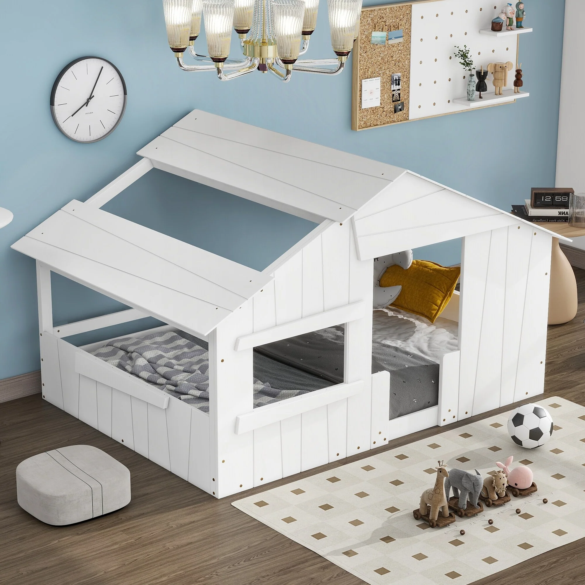 Full Size Solid Wood House Bed with Roof and Guardrail for Kids