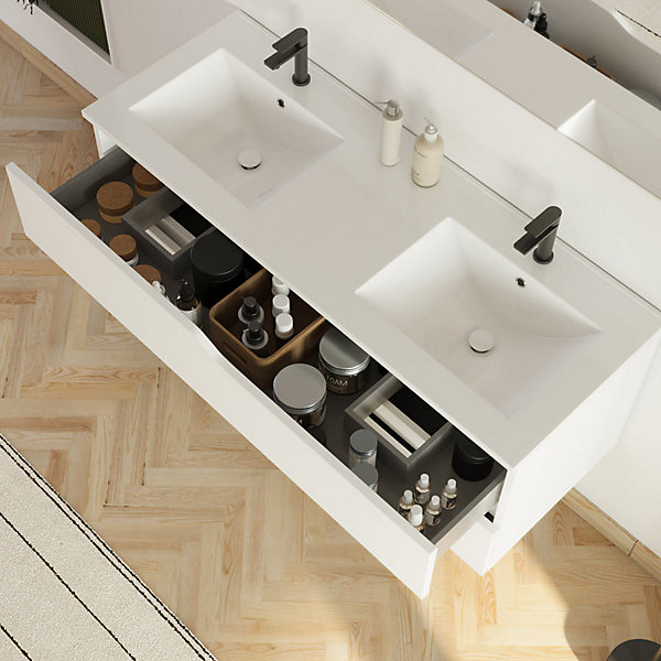 Meuble sous vasque seul, 2 tiroirs, 120cm, double vasque - blanc mat - LUNA