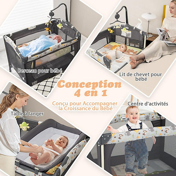 4 en 1 Lit Parapluie Bébé Table à Lange Pliable à 3 Niveaux Réglables avec Jouets Musicaux Matelas etc Gris foncé