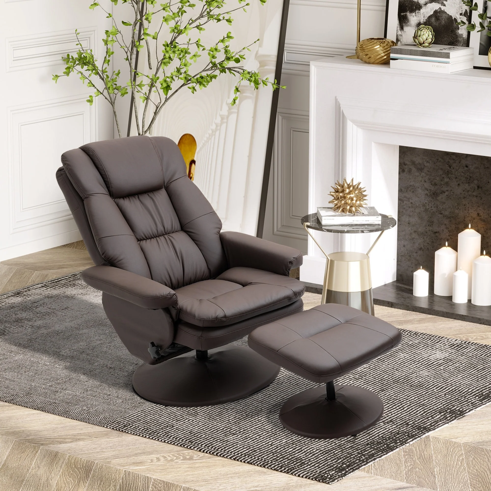 HOMCOM Recliner and Ottoman with Wrapped Base, Swivel PU Leather Reclining Chair with Footrest for Living Room