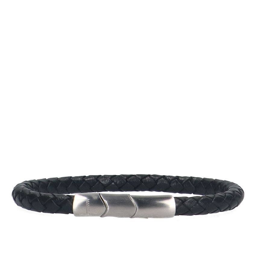 Manfield Zwarte leren gevlochten heren armband