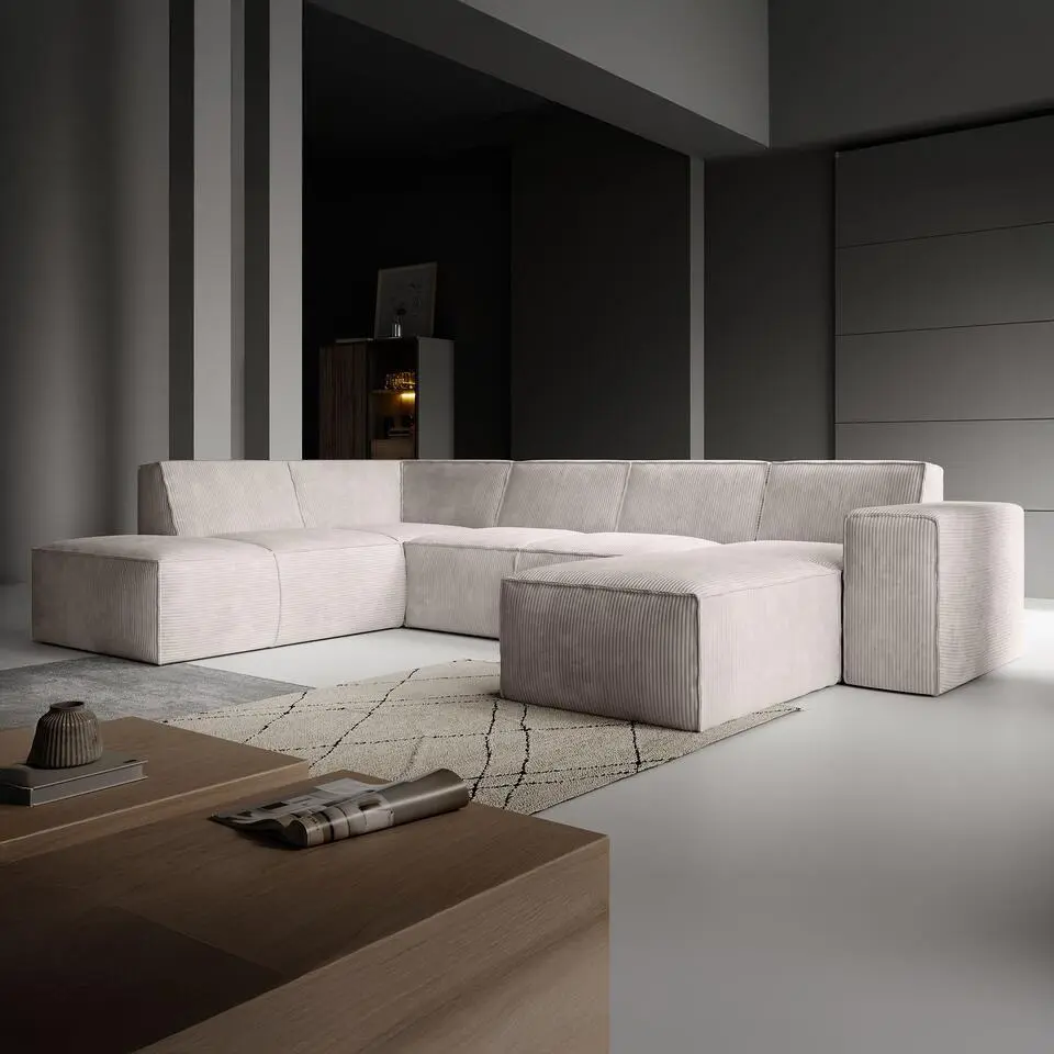 Meubella - Hoekbank Monet XL - Beige - Ribstof - Rechts