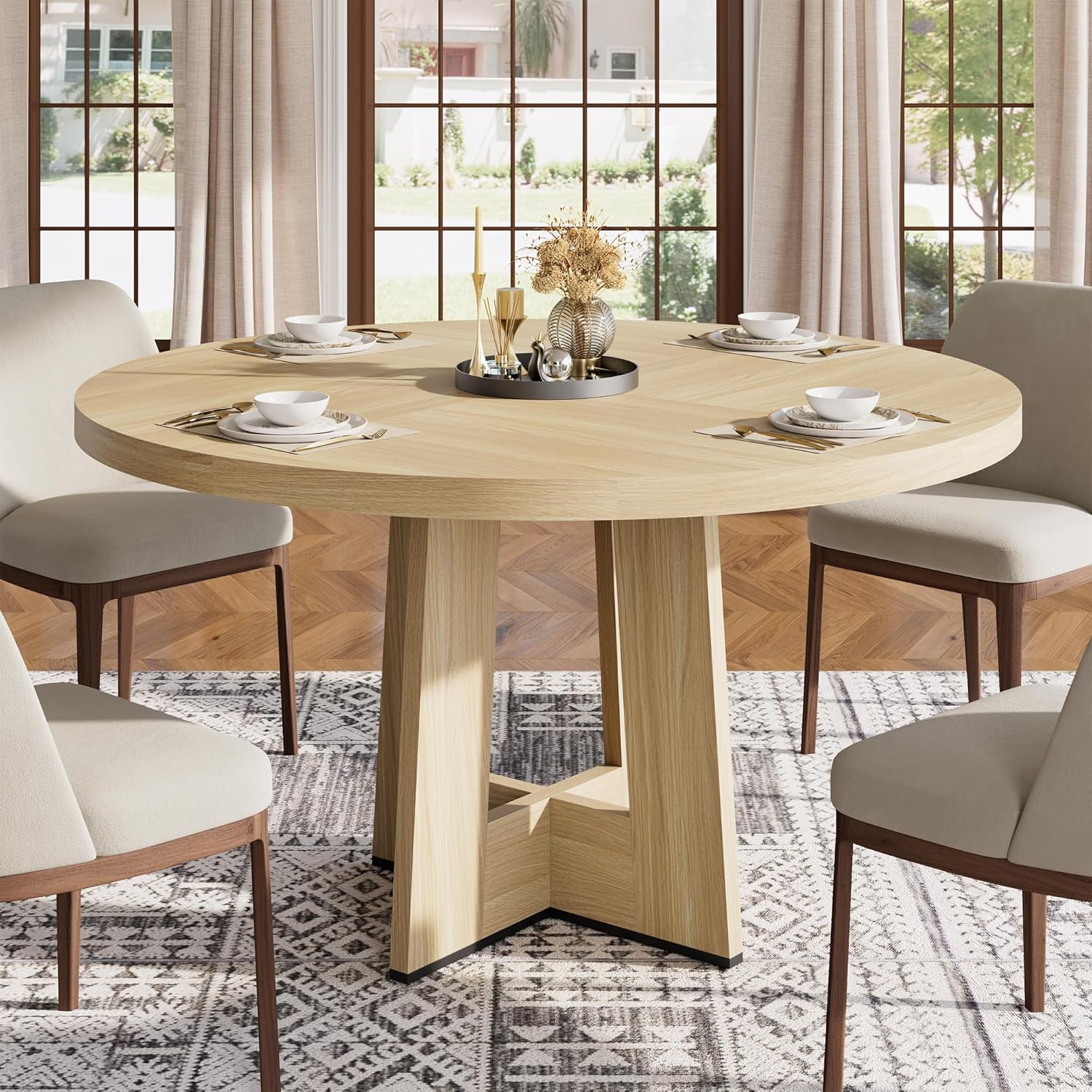 Garvee 47 Round Dining Table for 4-6 People - Circle Kitchen Dinner Table with Sturdy Pedestal Base, Space Saving Dinning Room Furniture for Living Room, Kitchen, Apartment, Natural