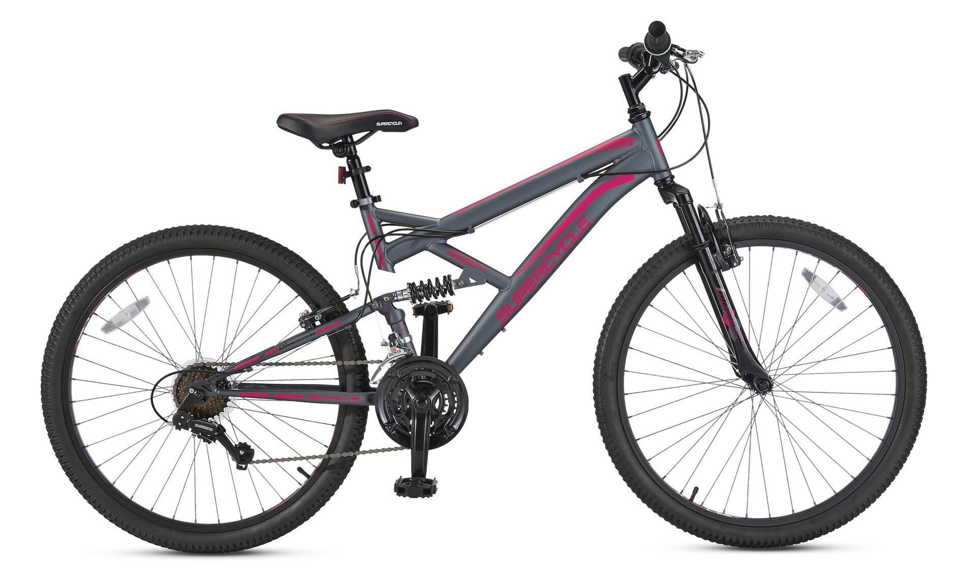 Supercycle Outlook Dual-Suspension Mountain Bike, 26-in, Grey/Pink