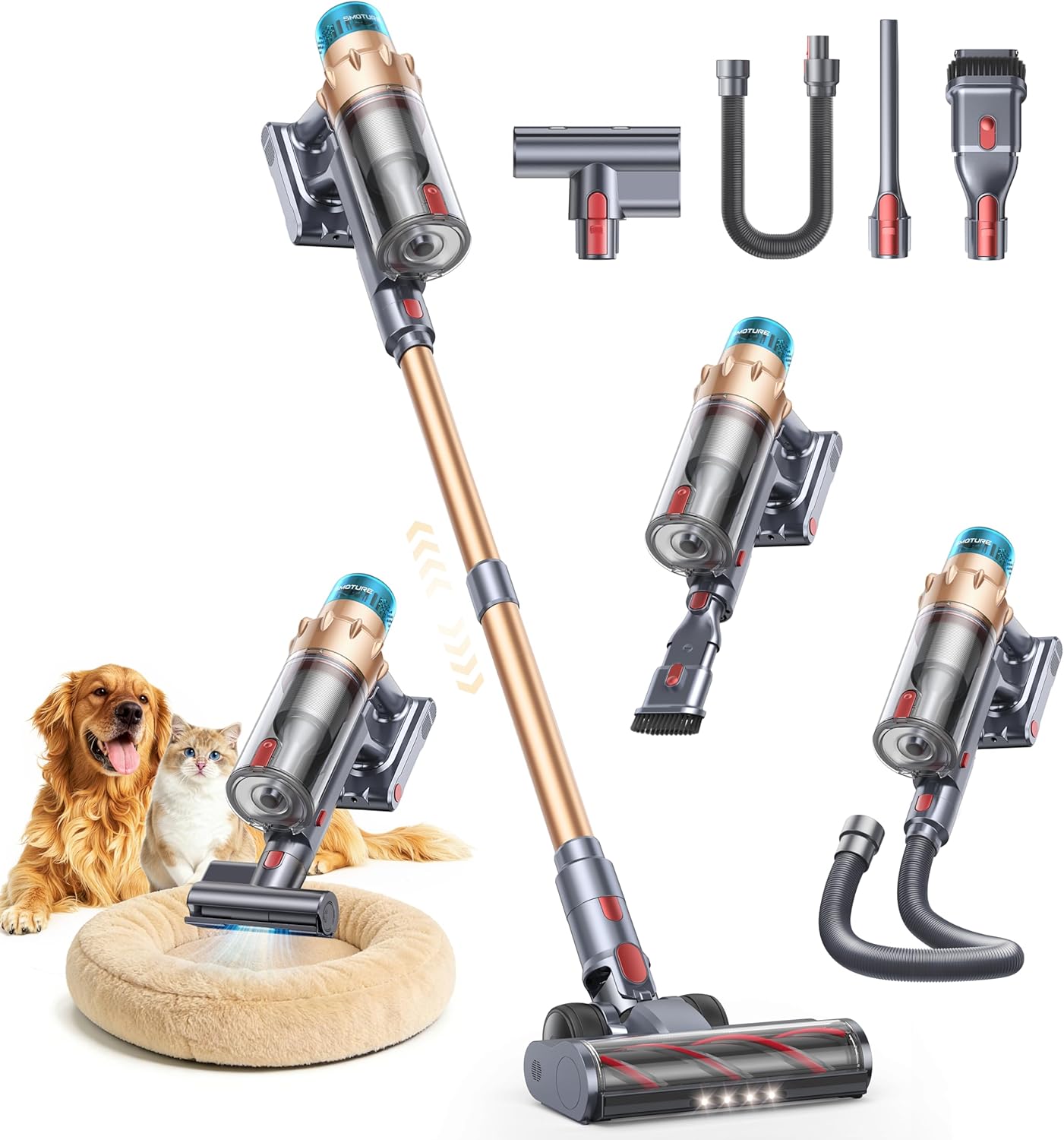 Cordless Vacuum Cleaner, 55KPA 650W 70Mins Stick Vacuum Cleaners for Home with Motorized Bed Brush, Flexible Hose, LED Touchscreen, Auto Mode, Self-Standing & Wall Mount, for Pet Hair Carpet Floor