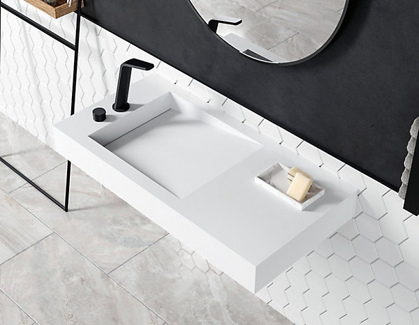 Lavabo Vasque suspendu blanc mat 100x50x12cm en fonte minérale, montage mural, sans trou robinetterie - PB2155