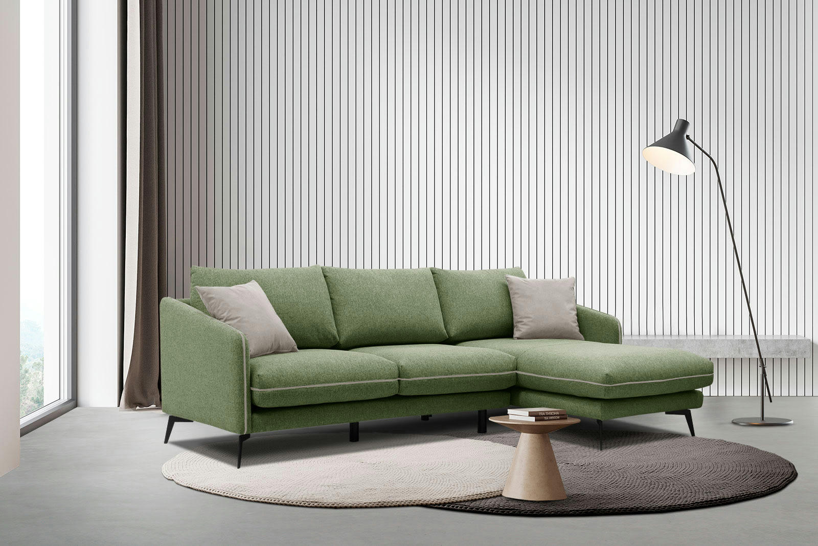 SOGEL - Canapé d'angle droit 4 places tissu vert