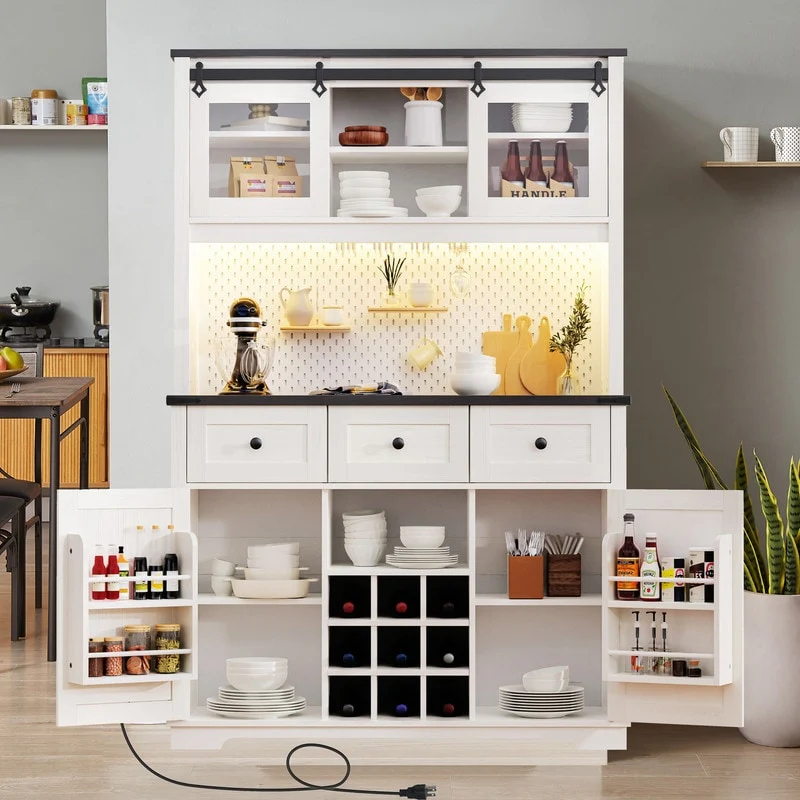 71 Kitchen Cabinet with Hutch,Sliding Door,Power Outlet,Pegboard,Wine & Glasses Rack,3 Drawers