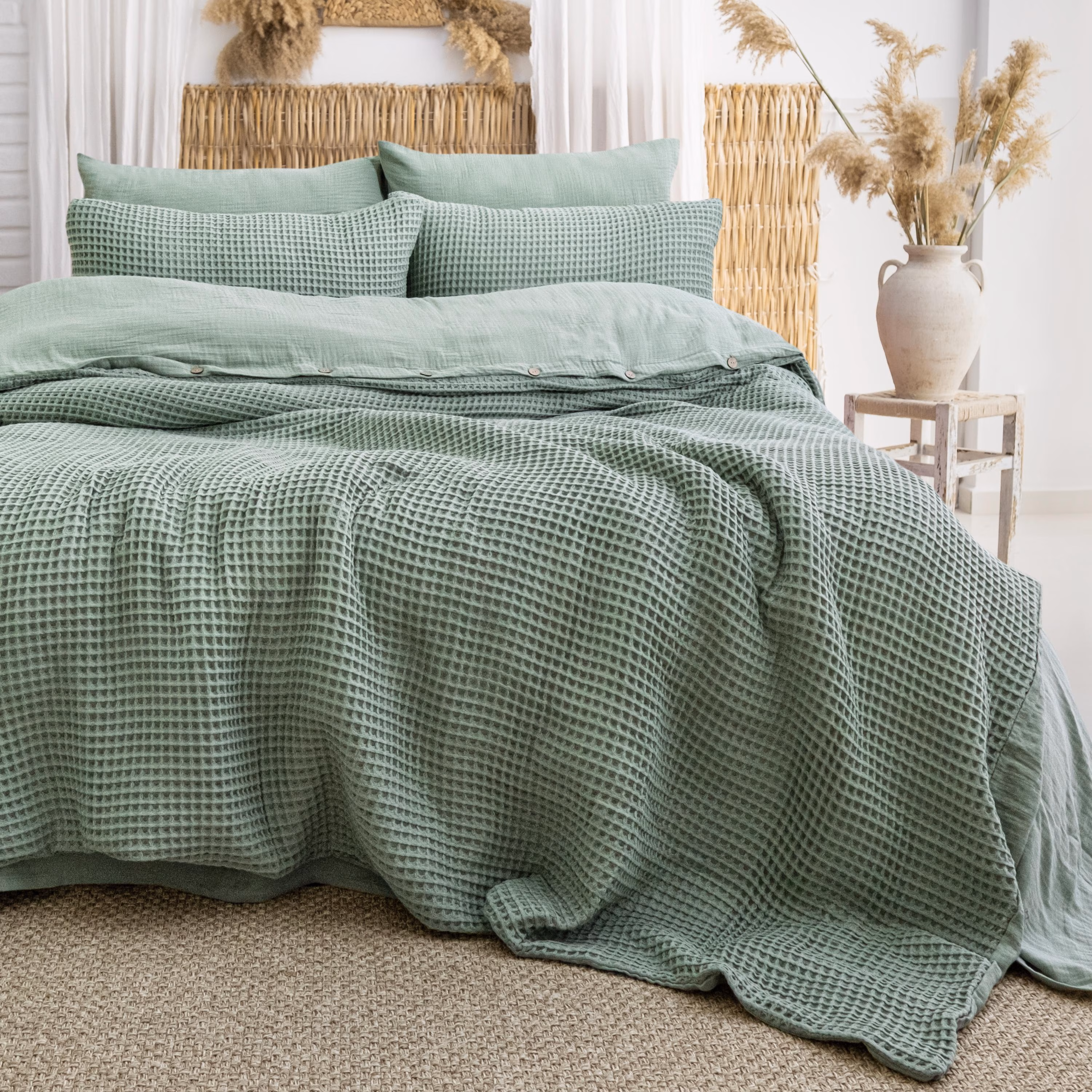 Sage Green Unique Waffle Duvet Cover: Luxury Organic Turkish Cotton Bedding Set, Housewarming gift