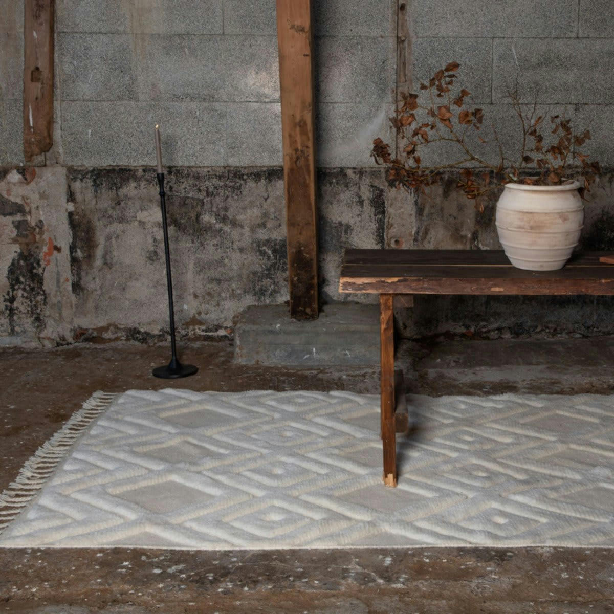 OTHMAN - Tapis rectangulaire blanc style bohème en laine 230cm