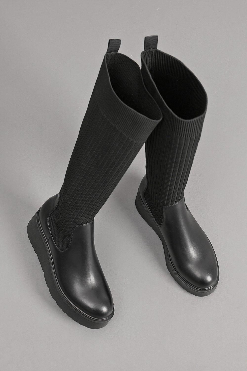 IVACHY Chunky Flatform Elastic Adjustable Knit Ribbed Sock High Knee Boots