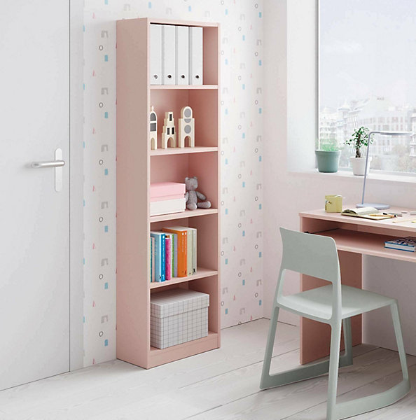 Bibliotheque Pomona, Bibliotheque haute avec 5 Etageres, Etagere de bureau ou de chambre,, 52x25h180 cm, Rose