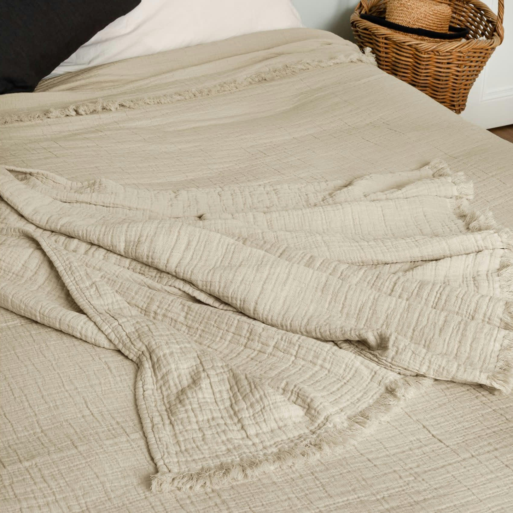 BREHAT - Dessus de lit gaze de coton gaze de coton/coton gris galet 180x250 cm